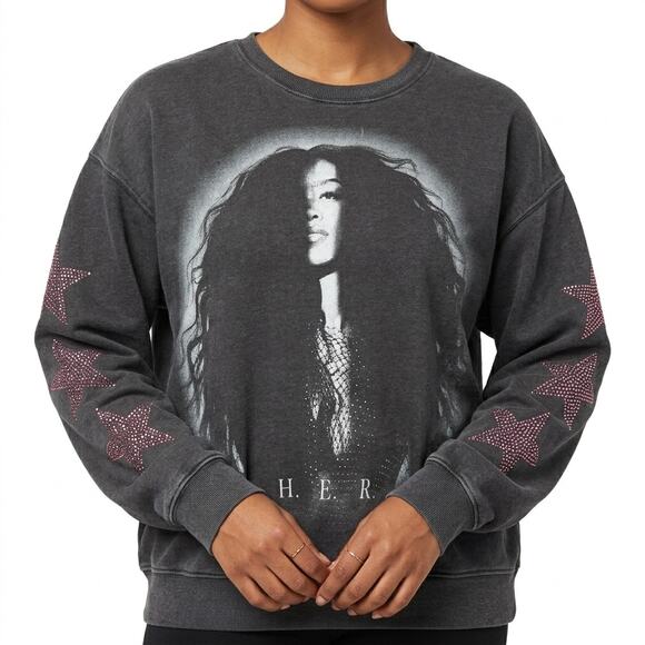 HER Tops - H.E.R. HER Charcoal Gray Pink Star Rhinestone Crew Neck Oversize Sweatshirt sz S